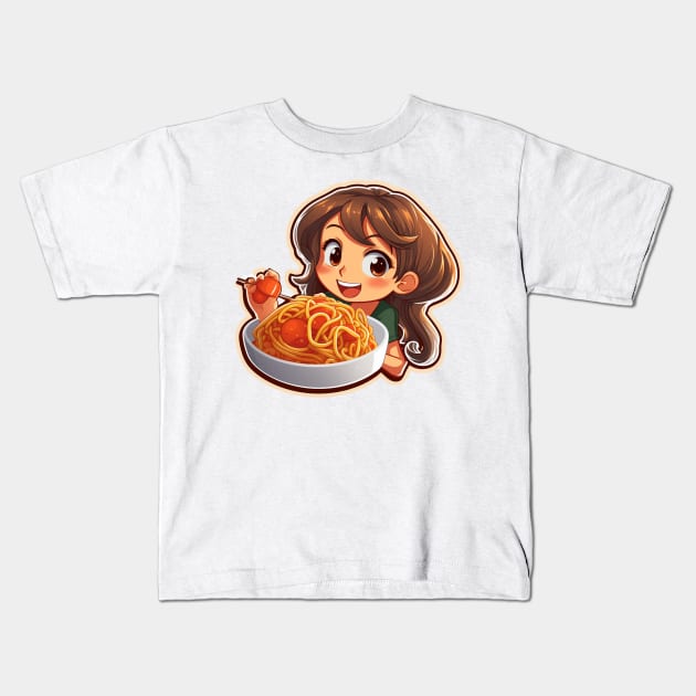 Cute Girl Eating Spaghetti Kids T-Shirt by Riverside-Moon